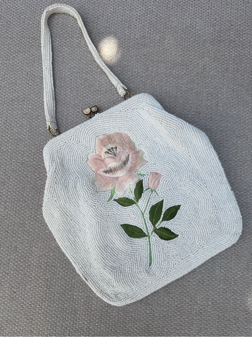 Vintage 1950s White Beaded Pink Rose Embroidered Evening Bag Purse AS IS